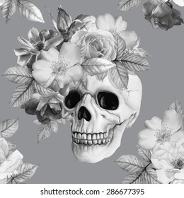 Vector monochrome picture  Hand  drawn black   white watercolor human skull   roses  Beautiful flowers   skeleton head  Vintage floral background