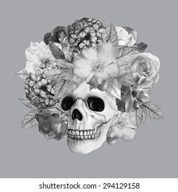 Vector monochrome picture. Hand-drawn black and white watercolor human skull and roses. Beautiful flowers and skeleton head isolated on a gray background