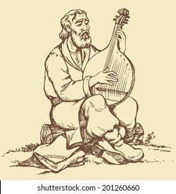 Vector monochrome picture handmade style drawing pen on paper. Old Ukrainian itinerant musician with a beard in national dress sitting on a log and pluck the strings of bandura