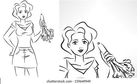 Vector monochrome picture with young slender female eating celery/Woman with celery 
