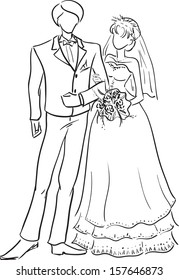 Vector monochrome picture of a young wedding couple at full length/Wedding couple