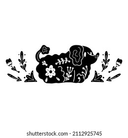 Vector monochrome postcard with a dog and a floral pattern. Stylized silhouette of  poodle with folk art. Clipart with black stylized purebred puppy and boho decoration.