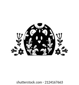 Vector monochrome postcard with little dog and a floral pattern. Stylized Spitz with folk art. Black clipart with stylized purebred puppy and boho decoration. Card with pet in hand drawn style