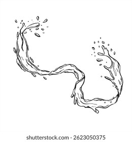 Vector monochrome pure water splash with drops black and white drawing. Flowing water wave in motion with sprays etching drawing for beverage branding, skincare packaging, summer freshness design.