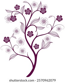 Vector monochrome purple stylized image of a tree of cherry blossom. Isolated on a transparent background