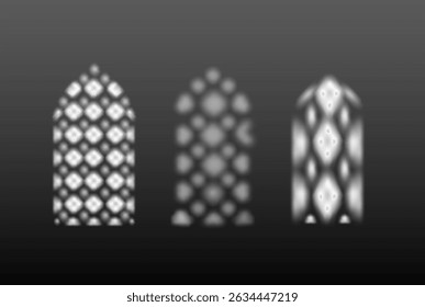 Vector Monochrome Ramadan Background with Shadow Silhouette of Window Frames with Arabesques. Arabic Traditional Architecture. Textured Wall for Decoration. Lighting Effect.