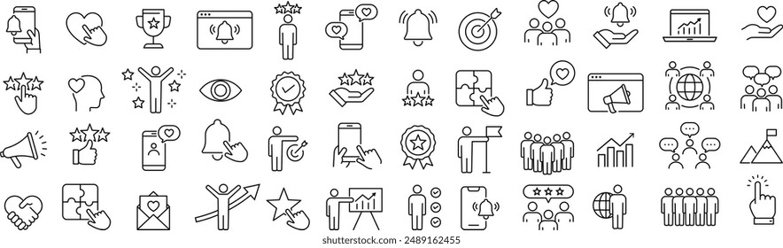 Vector Monochrome Rating and Social Media-Related Line Art Icon Set