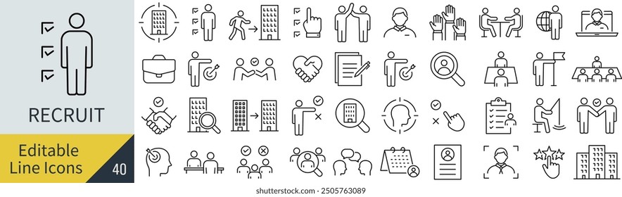 Conjunto de iconos de arte de línea de reclutamiento monocromo de Vector