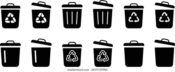 Vector Monochrome Recycling Symbol and Trash Bin Icon Set
