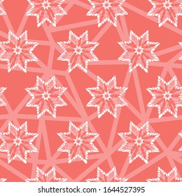 Vector monochrome red 8 pointed stars pattern with triangles background pattern. Suitable for gift wrap.