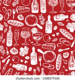 Vector monochrome red bar italia sketch illustration seamless pattern with bottles, wine glasses, bread, tomatoes and cheese. Perfect for fabric, restaurant menu and wallpaper projects.