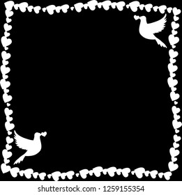 Vector monochrome retro vintage border photo frame of hearts with loving doves couple pigeons silhouette in corners. Black and white template for Valentine day invitation, scrapbook design element