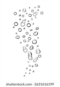 Vector monochrome rising bubbles in varying shapes illustration painted by black inks. Aqua fizzing drops for themes like beverages, cleaning products, science, abstract design, wellness blog.
