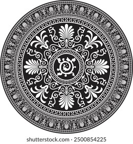 Vector monochrome round classical ornament of Ancient Greece and Roman Empire. Circle, Arabesque, Byzantine pattern