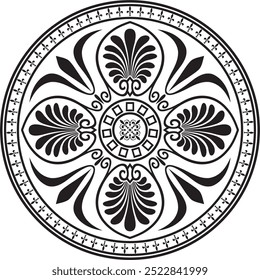 Vector monochrome round classical ornament of Ancient Greece and Roman Empire. Circle, Arabesque, Byzantine pattern