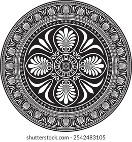 Vector monochrome round classical ornament of Ancient Greece and Roman Empire. Circle, Arabesque, Byzantine pattern