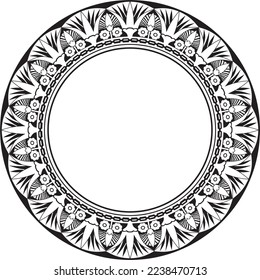 Vector monocromo alrededor de la frontera egipcia. Ornamento de círculo de la antigua África. Patrón de flores de loto y sol.
