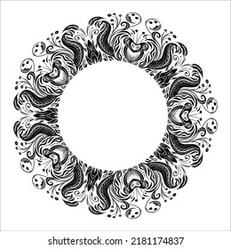 Vector monochrome round frame with vintage floral ornament and place for text. Luxury damask circle border. Baroque frieze with black and white flowers, foliage and curls and copy space