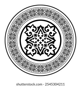 Vector monochrome round Kazakh national ornament. Ethnic pattern of the peoples of the Great Steppe, Kazakh, Mongols, Kyrgyz, Kalmyks. circle, frame border. For sandblaster, ceramic, plate