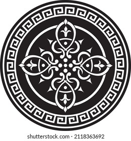 Vector monochrome round ornament of Ancient Greece and Roman Empire. Classic circle with a pattern of European peoples. Meander frame.
