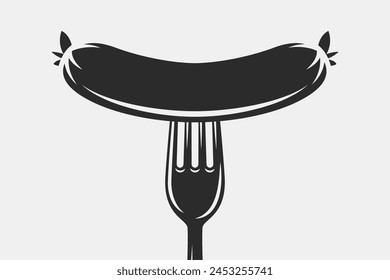 Vector Monochrome Sausage and Fork Closeup Isolated. Sausage Design Template, Clipart