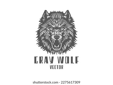 Vector monocromo temible enojado toothy wolf o cabeza de hombre lobo. Logo, pegatina o icono en un fondo blanco aislado.