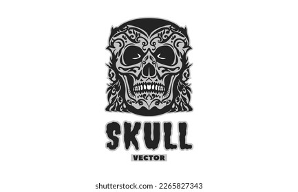 Vector monochrome scary stylistic human skull with patterns. Logo, emblem or icon. White isolated background. The day of the Dead.