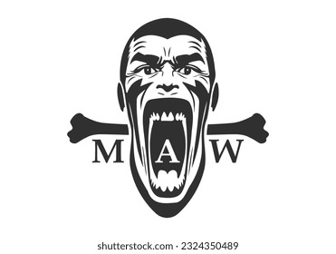 Vector monochrome scary terrifying portrait of a human monster with a wide open huge maw and bone. Logo, stencil or icon. White isolated background.