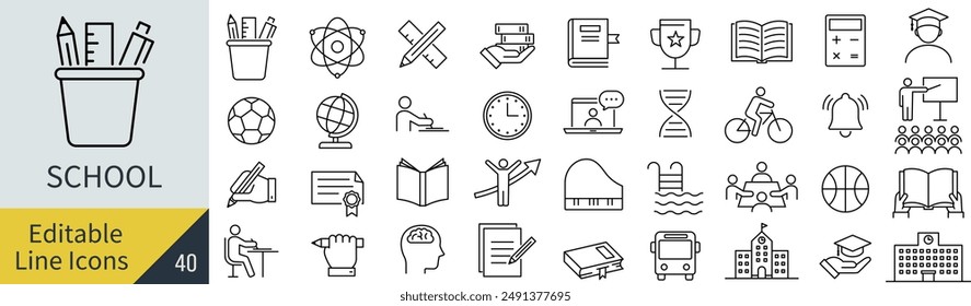 Vector Monochrome School Line Art Icon Set