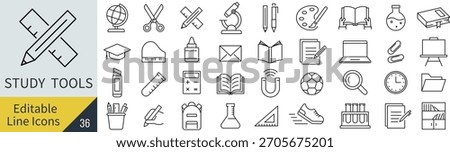 Vector monochrome school supplies line icon set