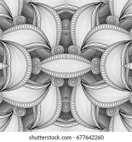 Vector Monochrome Seamless Abstract Tribal Pattern with Waves. Hand Drawn Ethnic Texture, Flight of Imagination. Beautiful Folkloric Background. Doodle Style with Realistic Shadows