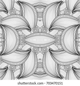 Vector Monochrome Seamless Abstract Tribal Pattern with Waves. Hand Drawn Ethnic Texture, Flight of Imagination. Beautiful Folkloric Background