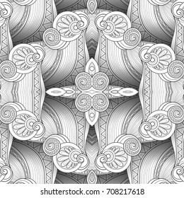 Vector Monochrome Seamless Abstract Tribal Pattern with Waves. Hand Drawn Ethnic Texture, Flight of Imagination. Beautiful Folkloric Background. Doodle Style with Realistic Shadows