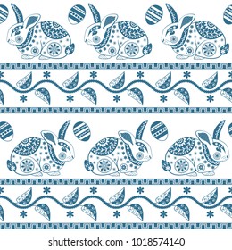Vector monochrome seamless background with cute rabbits, floral ornaments and decorated eggs