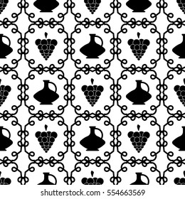 Vector monochrome seamless background with pattern, jug and grapes. Endless vintage texture in black and white colors.  For textile, warp and menu