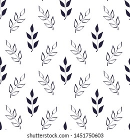 Vector Monochrome seamless background. Simple floral motif . Branches with leaves drawing with a brush. Suitable for fabrics, Wallpapers, album covers, phone cases.
