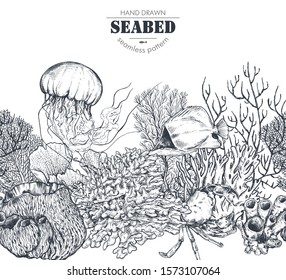 Vector monochrome seamless coral reef pattern with tropical fish, crab, jellyfish, algae, corals. Underwater world. Black and white hand drawn graphic endless background.