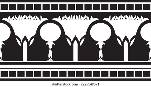 Vector monochrome seamless Egyptian border. Endless ornament of Ancient Africa. Pattern of lotus flowers and sun.
