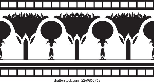 Vector monochrome seamless Egyptian border. Endless ornament of Ancient Africa. Pattern of lotus flowers and sun.
