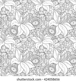 Vector  Monochrome seamless Floral  pattern. Hand Drawn Floral Texture, Coloring Book