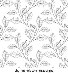 Vector Monochrome Seamless Floral Pattern. Hand Drawn Floral Texture, Decorative Leaves, Coloring Book