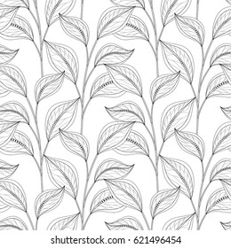 Vector Monochrome Seamless Floral Pattern. Hand Drawn Floral Texture, Decorative Leaves, Coloring Book