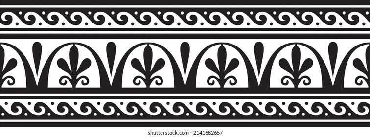 Vector monochrome seamless Greek national ornament, home decoration. Endless black border, frame of the European peoples of the Roman Empire. For sandblasting, laser and plotter cutting.
