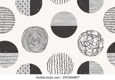 Vector monochrome seamless hand drawn pattern made with ink, pencil, brush. Geometric doodle shapes of spots, dots, strokes, stripes, lines. Template for social media, posters, prints.