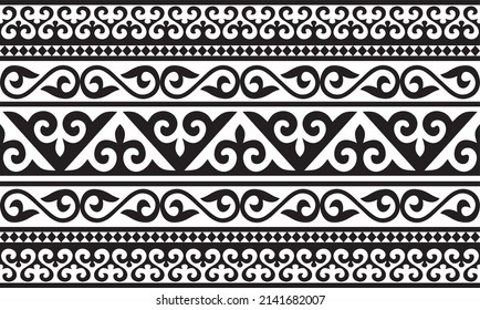 Vector monochrome seamless Kazakh national ornament, yurt decoration. Endless black border, frame of the nomadic peoples of the Great Steppe. For sandblasting, laser and plotter cutting.
