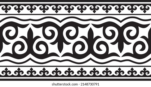 Vector monochrome seamless Kazakh national ornament, yurt decoration. Endless black border, frame of the nomadic peoples of the Great Steppe. For sandblasting, laser and plotter cutting.