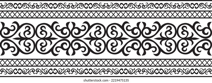 Vector monochrome seamless Kazakh national ornament. Ethnic pattern of the nomadic peoples of the great steppe, the Turks. Border, frame Mongols, Kyrgyz, Buryats, Kalmyks.