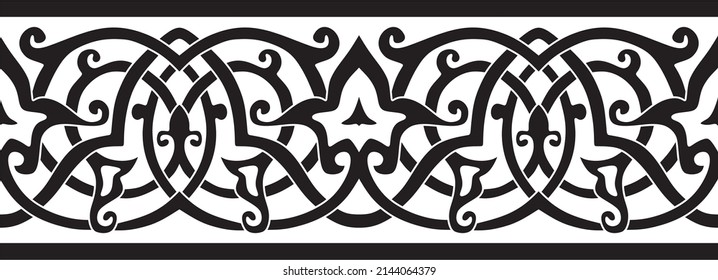 Vector monochrome seamless oriental national ornament. Endless ethnic floral border, arab peoples frame. Persian painting.
