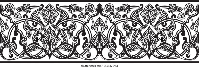 Vector monochrome seamless oriental national ornament. Endless ethnic floral border, arab peoples frame. Persian painting.
