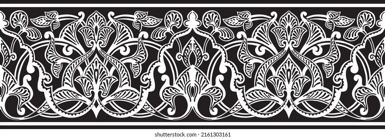 Vector monochrome seamless oriental national ornament. Endless ethnic floral border, arab peoples frame. Persian painting.